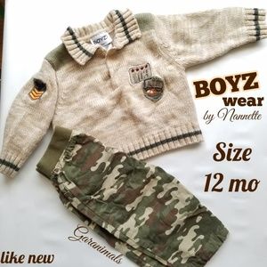 Baby boy LOT sweater pants military camo Size 12 m